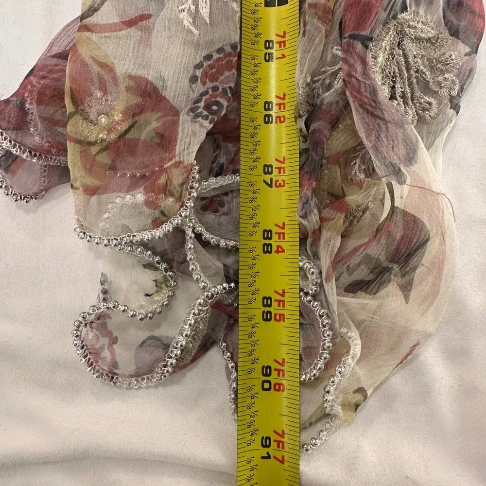 Floral Embroidered Silk‎ Scarf Women OS Pink Beaded Trim Cottagecore Fairy